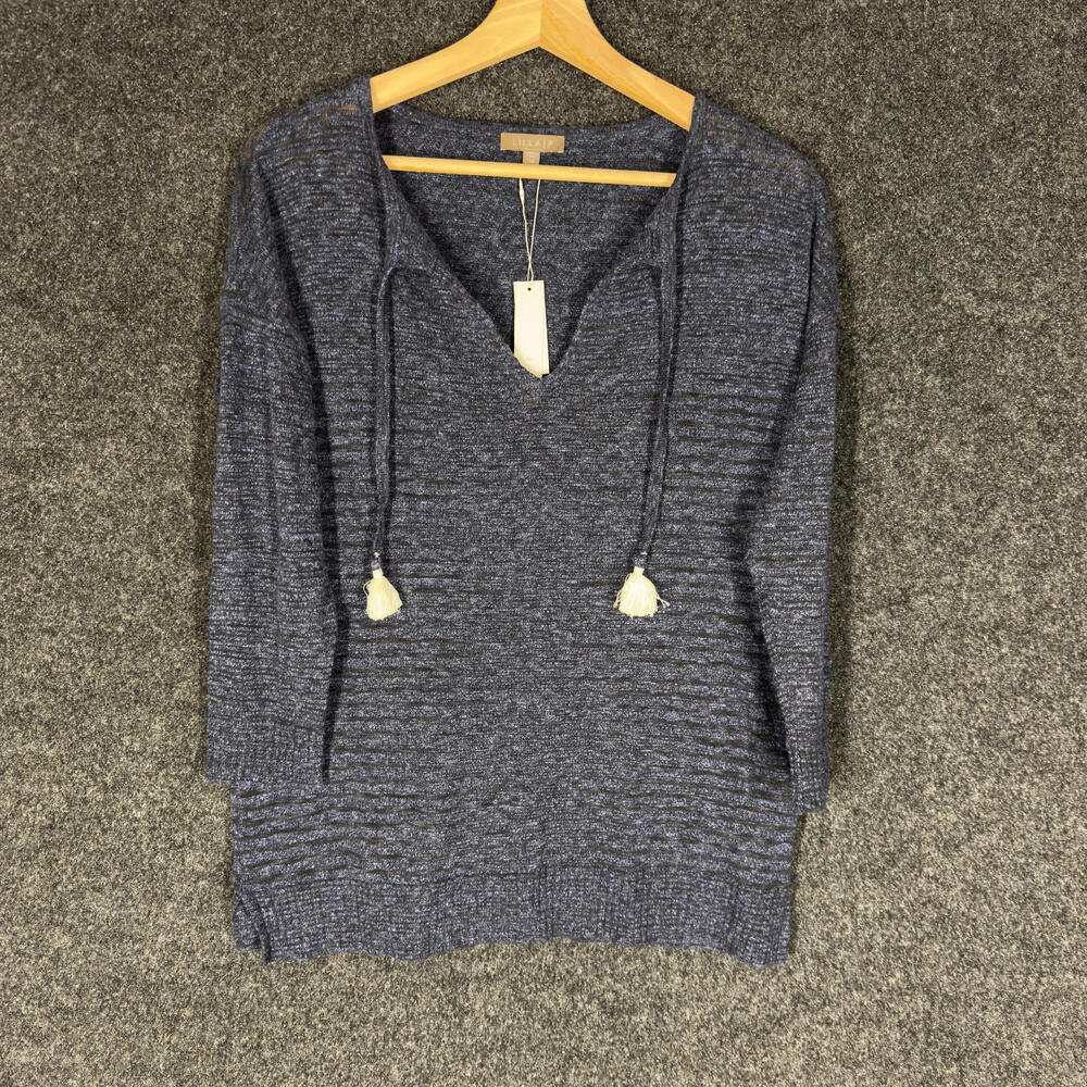 New Lilla P Sweater Pullover Women XS Gray Knit V-Neck Tasseled 3/4 Sleeve Linen